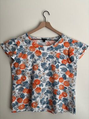 Ann Taylor Factory XL Orange Floral Fruit Print Ruffle Sleeve Cotton Top-Flaw